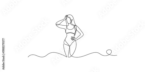 A continuous line drawing of a woman in a bikini with one hand on her hip and the other near her face