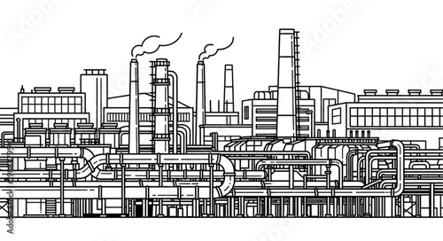 Industrial Factory Complex with Smoking Chimneys and Pipes.