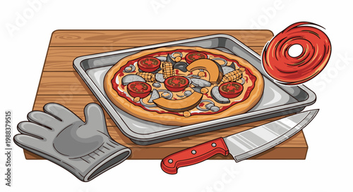 Freshly baked pizza on a tray with oven mitt, knife, and pizza cutter