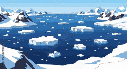Frozen polar ocean with scattered icebergs and snow-capped mountains