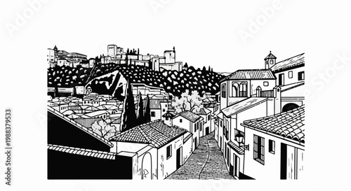 Black and white sketch of a hilly European town with tiled roofs and ancient buildings