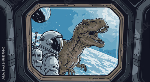 Astronaut and T-Rex share a window view of Earth from space