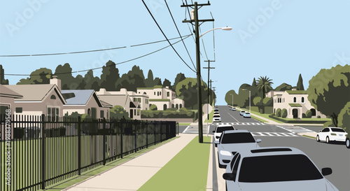 Sidewalk with fence, parked cars, and houses along a tree-lined street