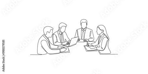 Continuous line drawing of a group of business people sitting around a table discussing and working on a laptop and documents in a meeting