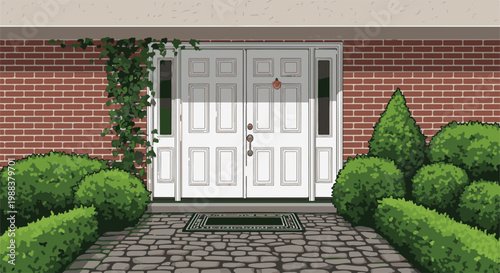 Elegant double white doors with brick facade, lush greenery, and stone pathway