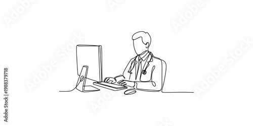 A doctor sitting at a desk with a computer and phone isolated on white background