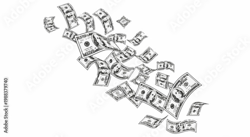 Hand-drawn hundred dollar bills fluttering down, suggesting wealth and income