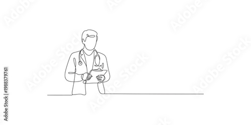 A simple line drawing of a doctor holding a clipboard and wearing a stethoscope around his neck in a minimalist style