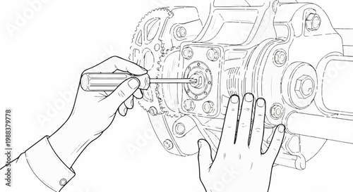 Hands adjust a mechanical component with a screwdriver and gear