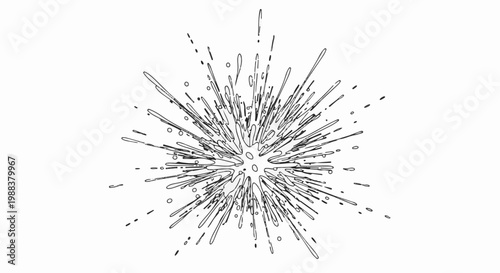 Black and white abstract splash of lines and circles expanding outwards