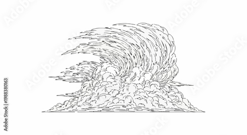 Stylized, high-contrast black and white drawing of a powerful, swirling wave
