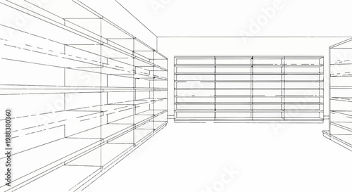 Interior view of an empty retail store with rows of shelves