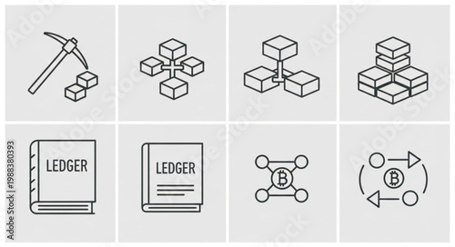 Blockchain Technology and Cryptocurrency Concepts Icons.