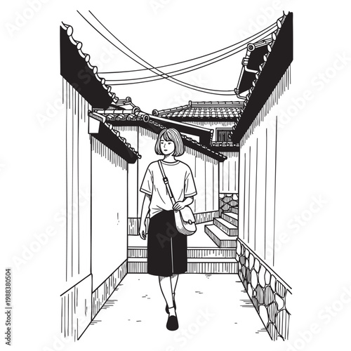 Mysterious Figure Walking Through Futuristic Corridor with Arched Perspective — Sci-Fi Ink Drawing Vector