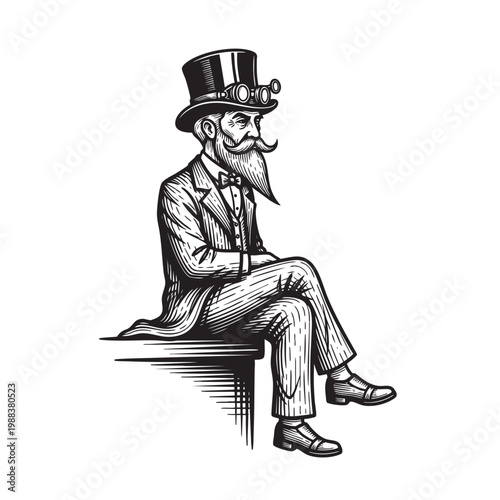 Dapper Gentleman in Top Hat Seated on a Ledge — Victorian Dandy Ink Portrait Vector Illustration