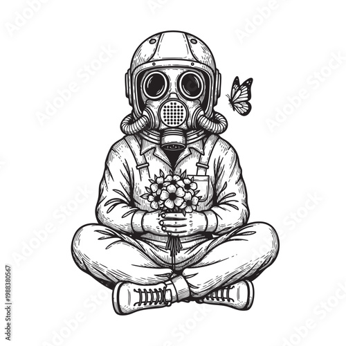 Masked Figure in Gas Mask with Butterfly — Post-Apocalyptic Contrast Ink Drawing Vector Illustration