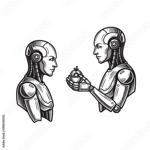 Two Humanoid Figures in Profile Facing Each Other — Conceptual Duality AI and Human Ink Vector Art