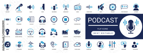 podcast icon set. microphone, audio, streaming, waves, record, broadcast, headphones, live, listen, speaker, recording. editable solid  vector illustration.