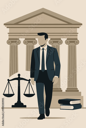 Lawyer Standing with Scales of Justice in a Courtroom Setting