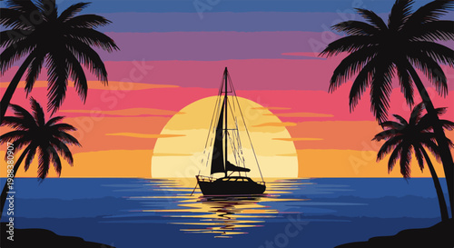 Silhouette of a sailboat on the ocean at sunset, framed by palm trees