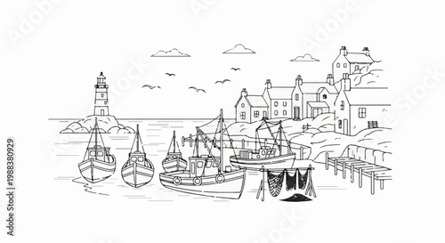 Line drawing of a coastal village with fishing boats, lighthouse, and houses