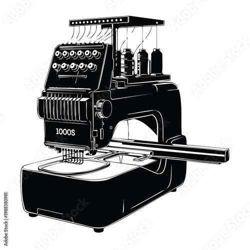 Modern embroidery machine silhouette vector illustration set bundle.