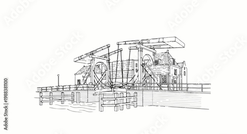 Sketch of a historic drawbridge with surrounding buildings and boardwalk
