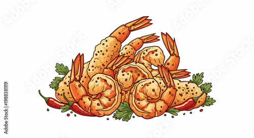 Crispy fried shrimp with chili and parsley