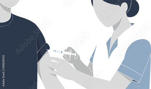 Close up illustration of nurse administering vaccine injection to patient arm in clinical setting for disease prevention.
