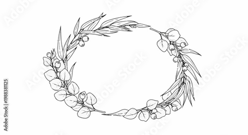 Delicate sketch of a circular wreath made of eucalyptus leaves and berries