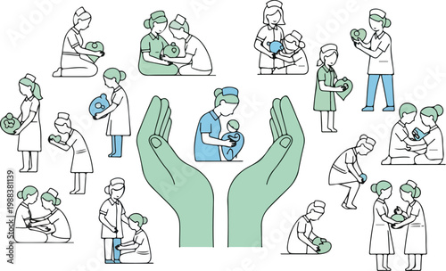 Collage of medical illustrations showing nurses caring for patients with compassion and giant protective green hands icon.