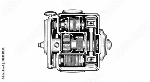 Detailed cross-section illustration of a complex mechanical engine assembly