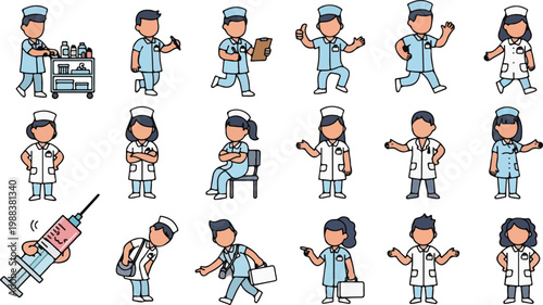 Cute cartoon nurse characters collection with various poses medical tasks and equipment in colorful flat vector design.