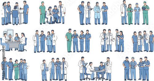 Diverse groups of medical professionals having clinical discussions and consulting on patient cases in hospital hallways.