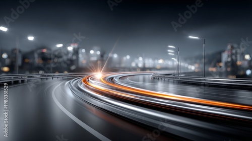 Curved road with vehicle lights at nighttime in an urban setting