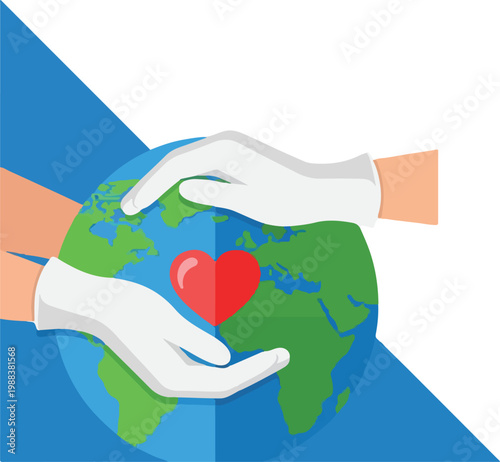 Hands in gloves holding planet earth with heart symbol representing global healthcare support and care for planet.