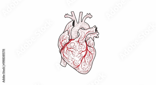 Detailed illustration of a human heart with visible arteries and veins