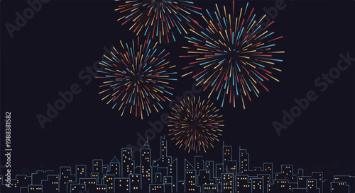 Stylized cityscape with colorful fireworks exploding in the dark night sky