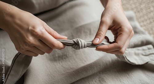 Hands Tying Fabric Knot Close-Up, Connection and Care Concept