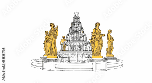Ornate tiered fountain with classical statues on a white background