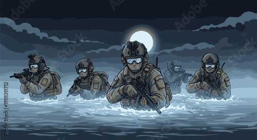 Soldiers wading through water at night under a full moon