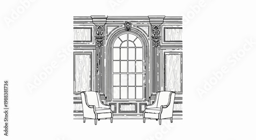 Ornate arched window with two wingback chairs in a wood-paneled room