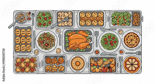 Overhead view of a bountiful table laden with a variety of delicious food dishes and fruits