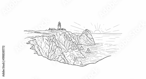 Coastal cliffs with a lighthouse overlooking the ocean at sunrise