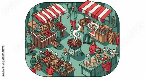 Outdoor market scene with people buying produce and baked goods, grilling food