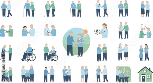 Large collection of elderly people with caregivers and medical staff representing senior healthcare and assistance.
