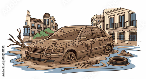 Mud-covered car stranded amidst flooded street with debris and buildings