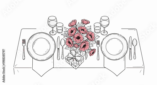 Elegant table setting for two, adorned with pink floral centerpiece and a gift