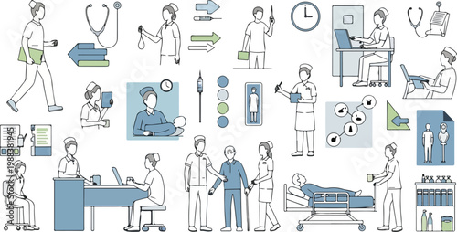 Medical staff professional activities collection with doctors nurses patients in hospital clinic flat vector cartoon.