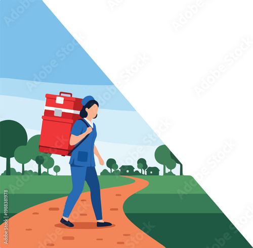 Medical worker nurse or doctor walking on rural road with heavy medicine box backpack to provide healthcare in village.